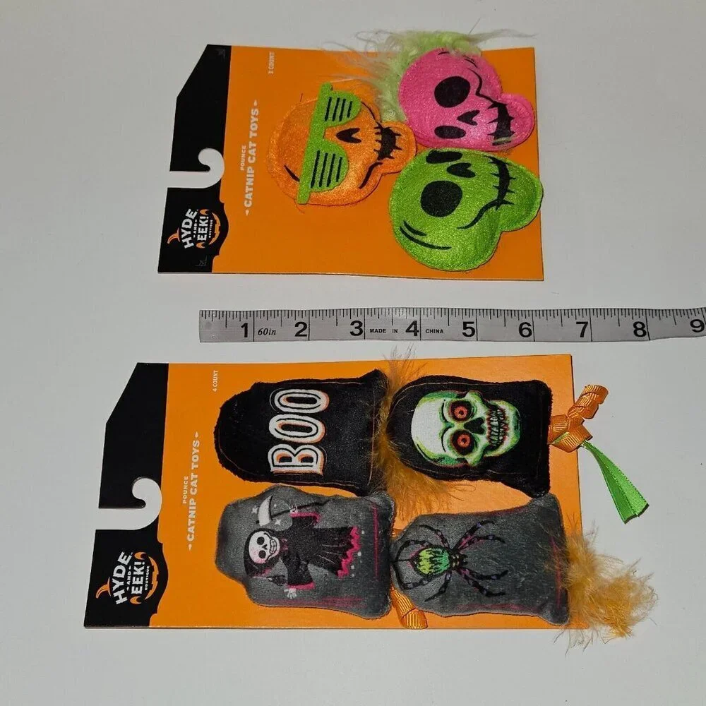 NEW 2 Pks Halloween Pet Catnip Cat Toys Lot Skeleton Skull Hyde & Eek